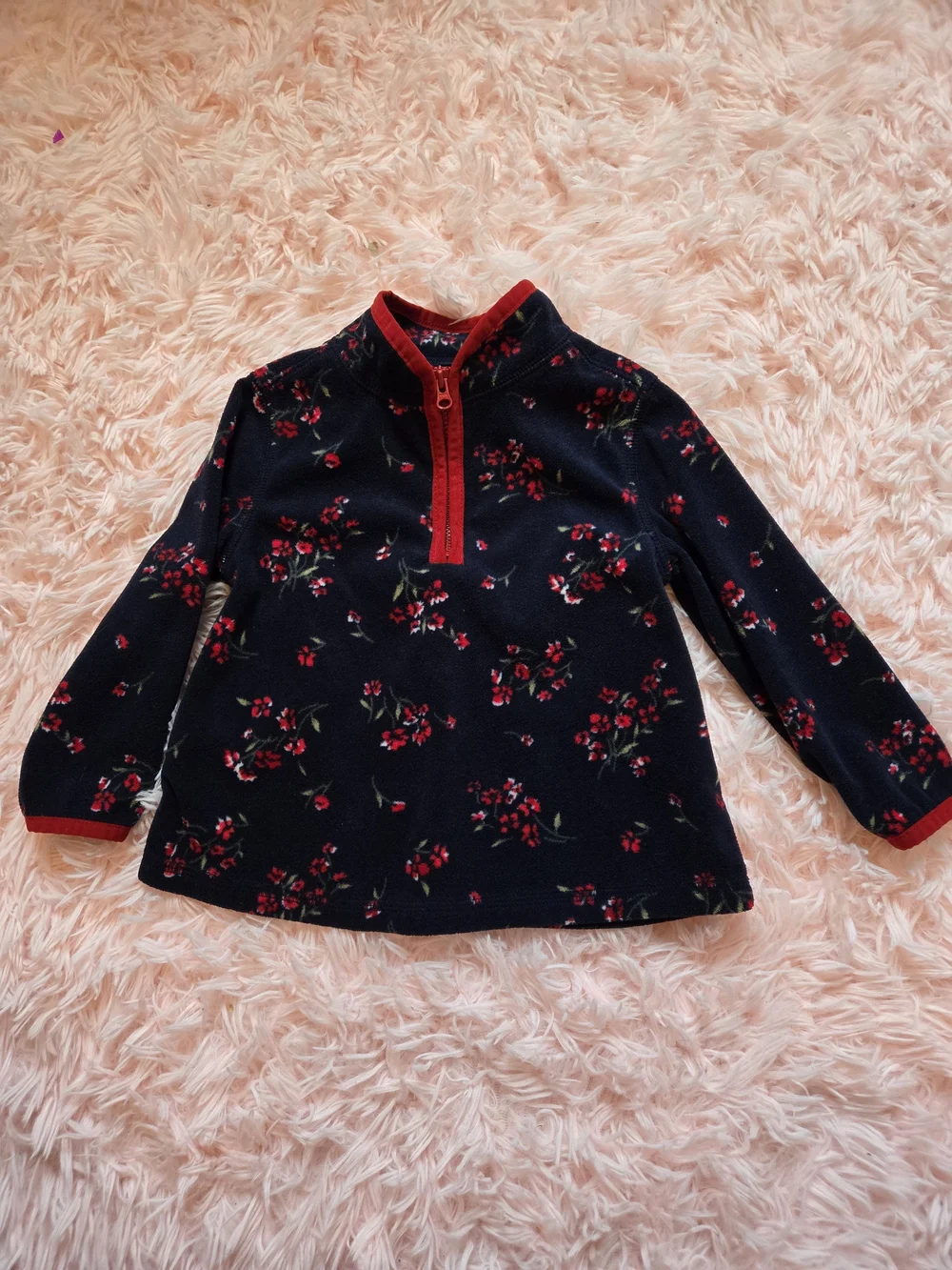 Girls' Navy Floral Long-Sleeve Pullover Top with Red Trim